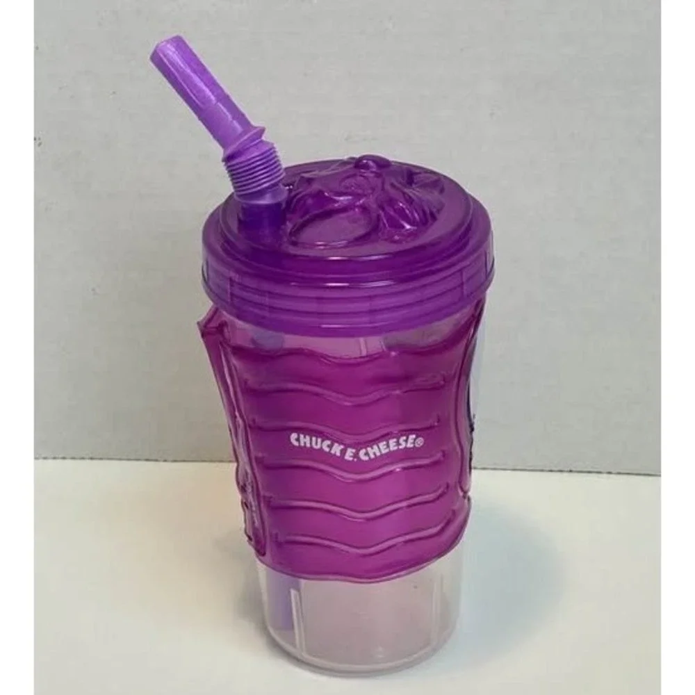 Chuck E Cheese Purple Souvenir Cup Removable Sleeve‎ Lid 2021 Flawed Straw